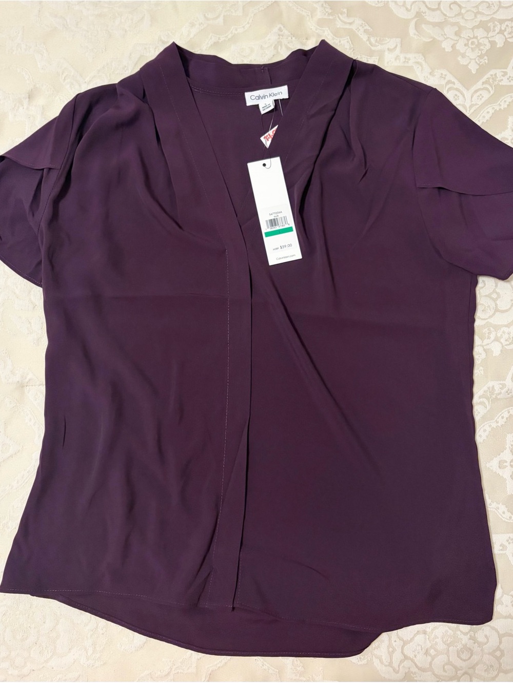 Calvin Klein Deep Plum V-Neck Short Sleeve Blouse